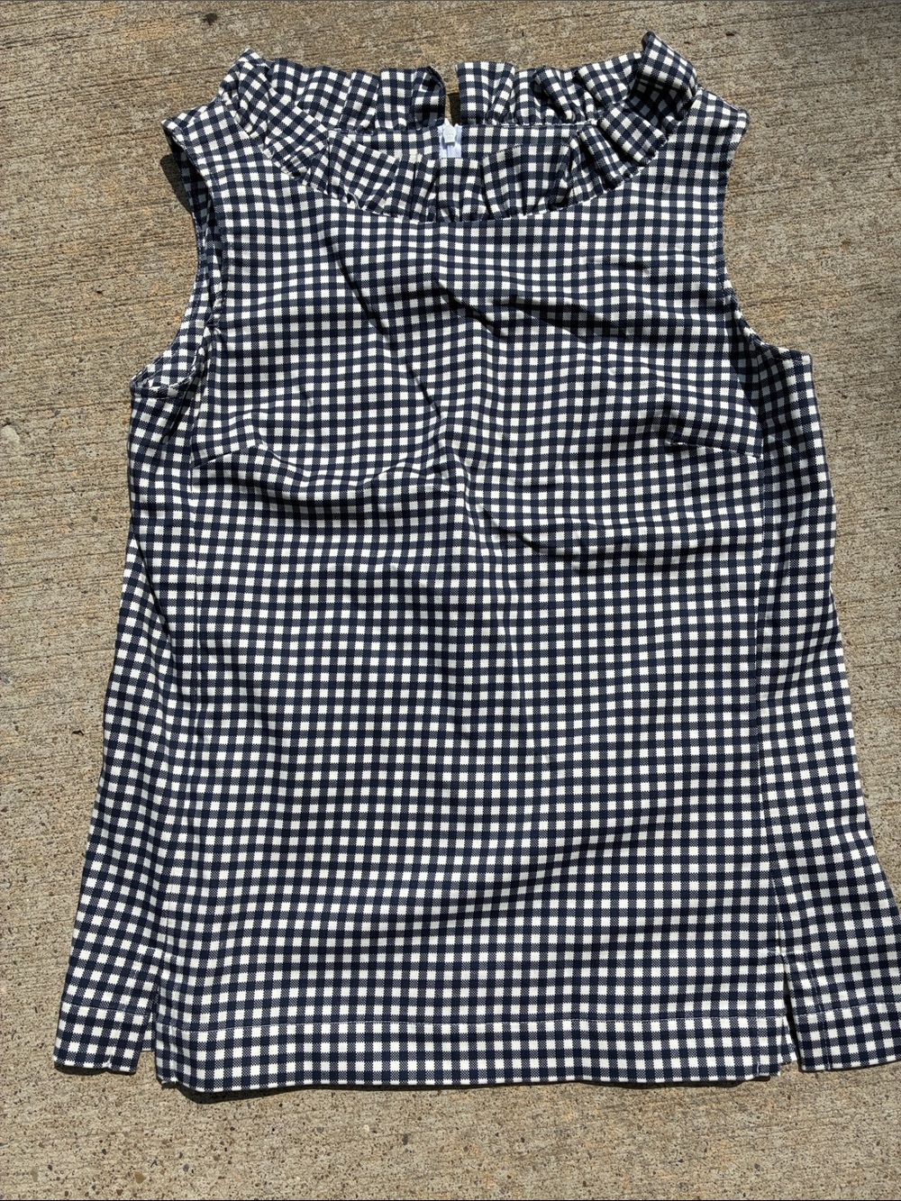 Sara Campbell Navy and White Gingham Ruffle Neck Sleeveless Top